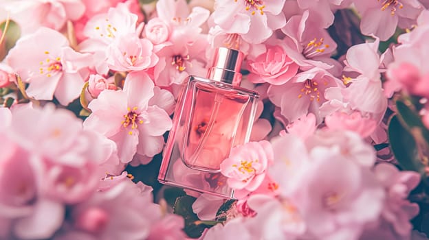 Perfume bottle in flowers, fragrance on blooming background, floral scent and cosmetic product idea