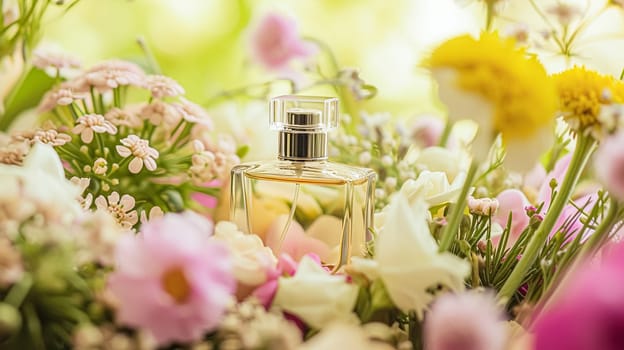 Perfume bottle in flowers, fragrance on blooming background, floral scent and cosmetic product idea