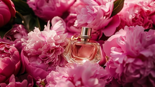 Perfume bottle in flowers, fragrance on blooming background, floral scent and cosmetic product idea