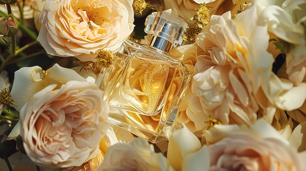 Perfume bottle in flowers, fragrance on blooming background, floral scent and cosmetic product idea