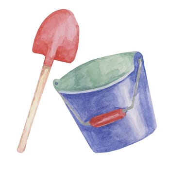 Bucket and shovel toys toy. Beach sand play game objects clipart. Retro blue and red gardening tools watercolor illustration for kids party, sticker, scrapbooking, invitations, baby shower, nursery