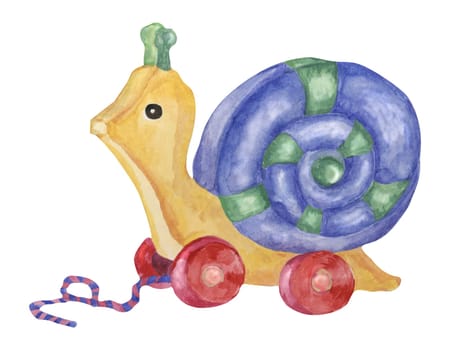 Wooden snail car. Blue retro baby toy. Vintage eco toy watercolor illustration for kids party celebration. Children toy clipart for card, flyer, invitation, sticker, baby shower, nursery decor