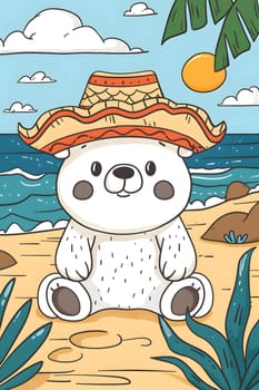 A cartoon polar bear wearing a straw hat is sitting happily on the beach, near water, plants, and trees. The artwork depicts a joyful organism enjoying the sunny day