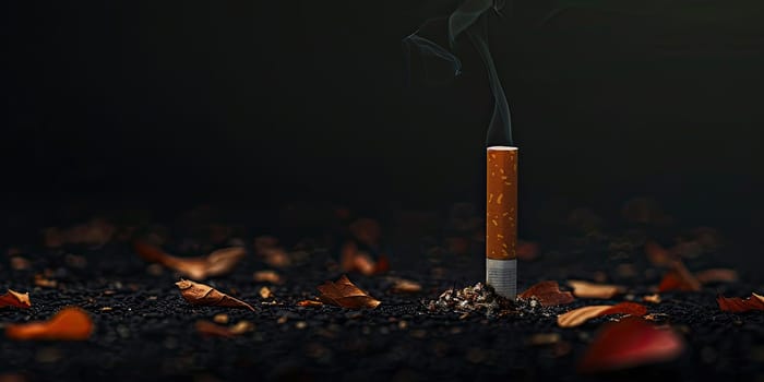 Single lit cigarette standing upright on dark surface with ash and smoke with empty space. Concept of smoking dangers and health risks. No tobacco day. Ai generation. High quality photo