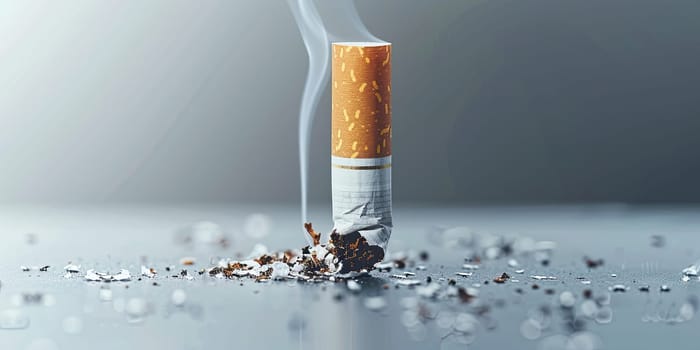 Single standing cigarette with smoke rising and scattered ashes on reflective surface with blurred background with empty space. Health risks and addiction theme concept. No tobacco day. Ai generation.