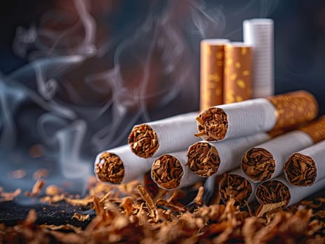 Close up of multiple unlit cigarettes with visible tobacco on dark backdrop in wisps of smoke rising. Theme of nicotine addiction and health issues related to smoking concept. Ai generation.