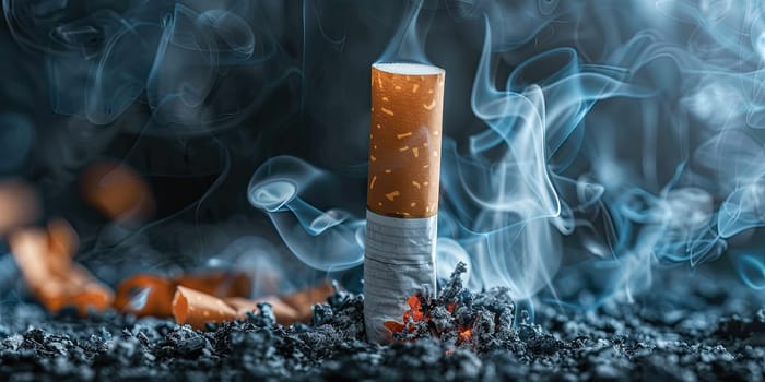 Burning cigarette standing upright on ash with smoke on dark background swirling around. Symbol of smoking, addiction, and health hazards. Ai generation. High quality photo