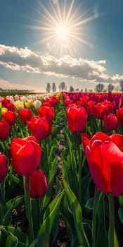 A beautiful natural landscape with a field of red and yellow tulips under the sun shining through the clouds in the daytime