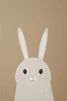 A close up of a white rabbits head with expressive eyes, long whiskers, and floppy ears, set against a brown background