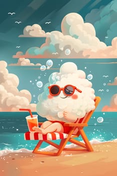 A happy cartoon character is sitting in a chair on the beach, painting the azure sky filled with fluffy cumulus clouds using aqua paint