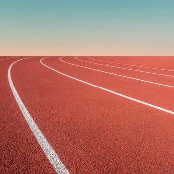 Conceptual Image Of Sports Ground Running Race White Markings And A Distant Sunset