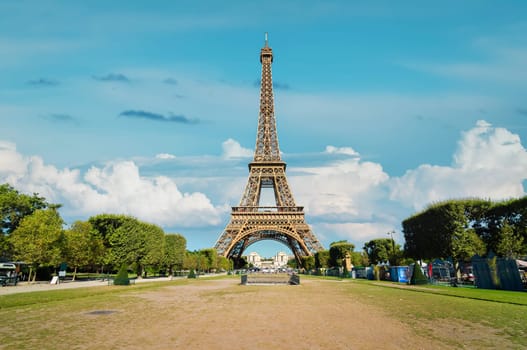 Eiffel Tower view from Champ de Mars in Paris, France