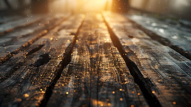 A closeup of a wooden table with sunlight shining through, creating a beautiful landscape of shadows and highlights on the surface