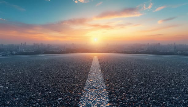 The perspective of the road against the background of sunset and the cityscape. High quality photo