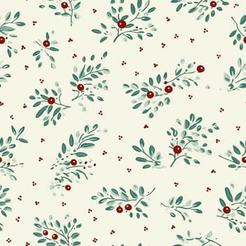 Seamless holiday pattern, tileable botanical English holly, winterberry Christmas branch country print for wallpaper, wrapping paper, scrapbook, fabric and product design art