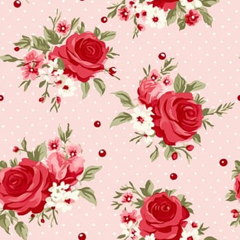 Seamless pattern, tileable floral country holiday print with roses, dots and flowers for wallpaper, wrapping paper, scrapbook, fabric and polka dot roses product design idea