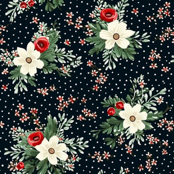 Seamless pattern, tileable Christmas holiday poinsettia floral country dots print on black, English countryside flowers for wallpaper, wrapping paper, scrapbook, fabric and product design motif