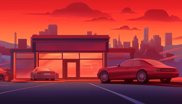 A vibrant red car is parked in front of a gas station, its sleek design contrasting with the backdrop of the station. The vehicle appears to be refueling, adding a pop of color to the scene.