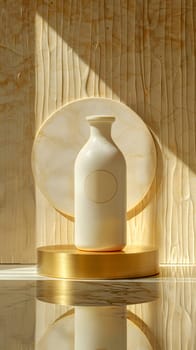 A white cylinder vase stands elegantly on a shimmering gold podium made of hardwood, creating a striking contrast of colors and materials