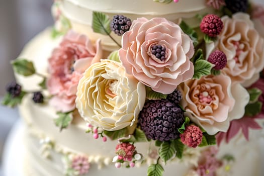 A closeup shot of a wedding cake adorned with beautiful flowers and berries, including garden roses and pink petals, creating a romantic and elegant look