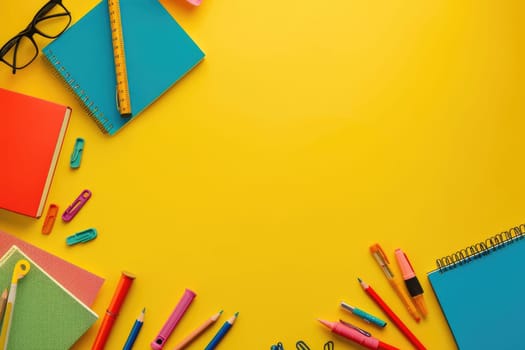 A yellow background with a variety of school supplies including pens, pencils.