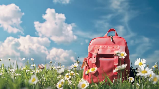 A red backpack is sitting in a field of flowers, Back to school.