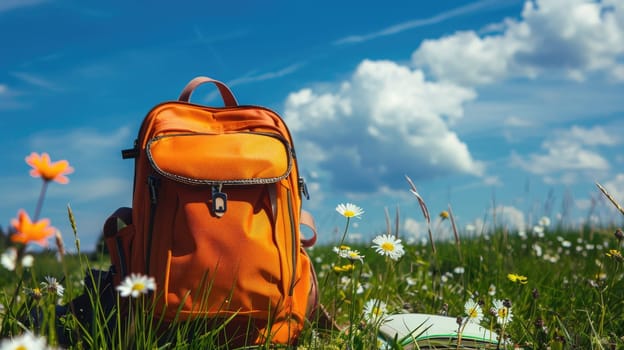 A bright orange backpack sits on a grassy field, with a clear blue sky above, Back to school.