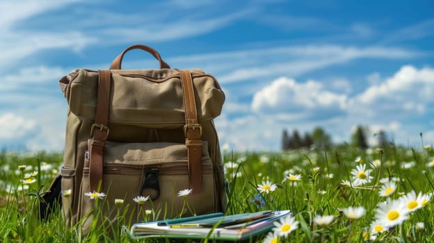 A backpack is sitting on the grass next to a notebook and a pencil, Back to school.
