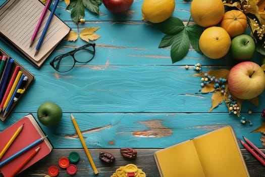 A blue wooden table with a variety of fruits and school supplies.