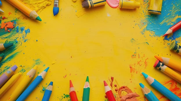 A yellow background with a bunch of colored pencils, Back to school.