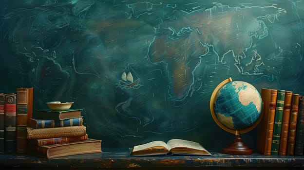 A chalkboard with a globe and books on it.