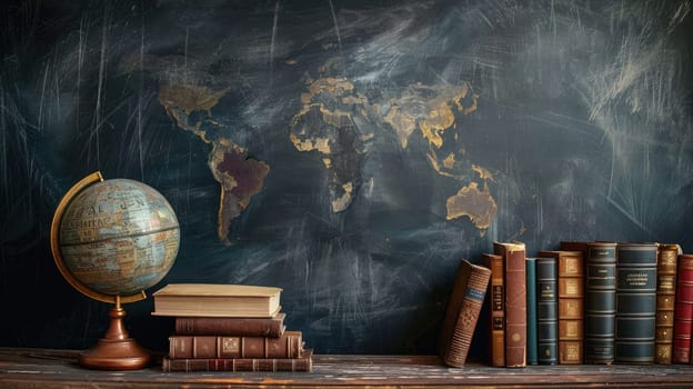 A chalkboard with a globe and books on it.