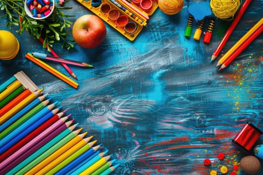 A colorful assortment of art supplies, including pencils, crayons, and markers.