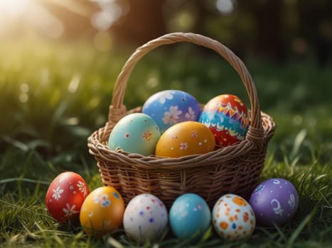 Painted Easter eggs in a basket standing in the grass, in the rays of sunlight. Generative AI