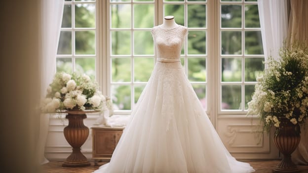 Wedding drees, bridal gown style and bespoke fashion, full-legth white tailored ball gown in showroom, tailor fitting, beauty and wedding inspiration