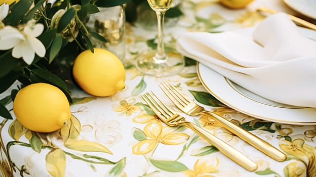 Wedding or formal dinner holiday celebration tablescape with lemons and flowers in the English countryside garden lemon tree, home styling inspiration