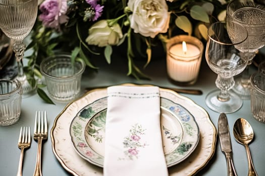 Floral wedding table decor, holiday tablescape and dinner table setting, formal event decoration for wedding reception, family celebration, English country and home styling inspiration