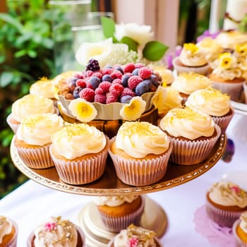 Cupcakes, cakes, scones and muffins and holiday decoration outdoors at the English country style garden, sweet desserts for wedding, birthday or party celebration, post-processed, generative ai