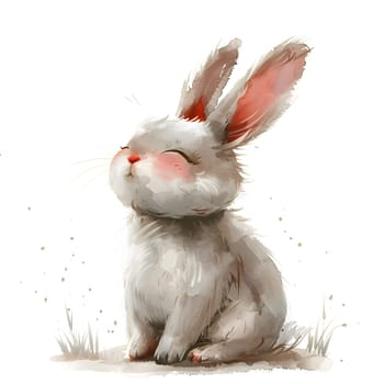 A white rabbit with striking red ears is peacefully sitting in the grass, its eyes closed in contentment. Its soft fur glistens in the sunlight