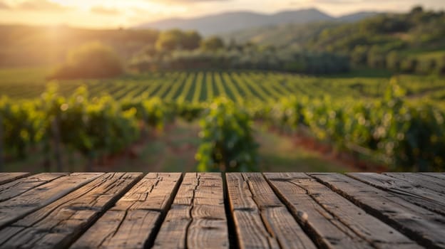 A wooden table with a view of a vineyard. The table is empty and the view is of a vineyard with a lot of green vines