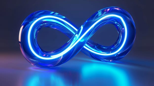 A blue and neon shaped infinity symbol. The image is a reflection of the symbol on a dark surface
