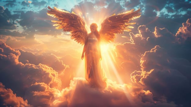 A woman angel is flying in the sky with the sun shining on her. The sky is filled with clouds, giving the image a dreamy and ethereal feel
