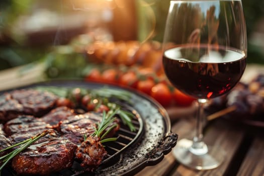 A table with a variety of food and a wine glass. Scene is that of a festive dinner party