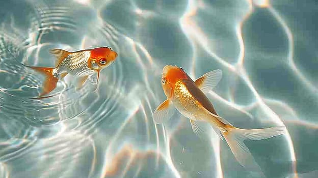 Two goldfish swimming in a pool of water. The water is clear and calm. The fish are swimming close to each other