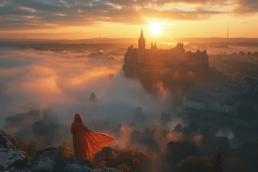 A woman stands on a hill overlooking a city with a castle in the distance. The sky is orange and the clouds are thick, creating a moody atmosphere