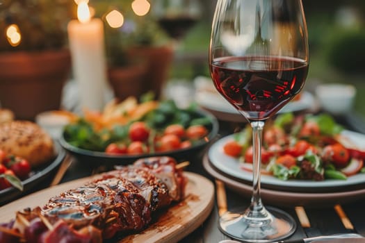 A table with a variety of food and a wine glass. Scene is that of a festive dinner party