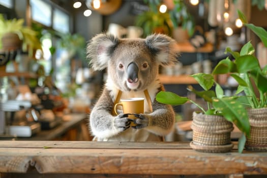 A koala is holding a cup of coffee in a cafe. The scene is lighthearted and playful, with the koala being the main focus of the image