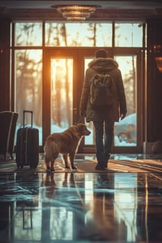 A person with a dog is standing in front of a door with a suitcase. The scene is set in a hotel lobby, and the person is likely waiting for their luggage to arrive. Scene is calm and relaxed