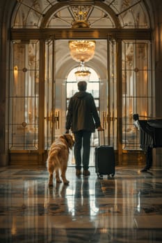 A person with a dog is standing in front of a door with a suitcase. The scene is set in a hotel lobby, and the person is likely waiting for their luggage to arrive. Scene is calm and relaxed