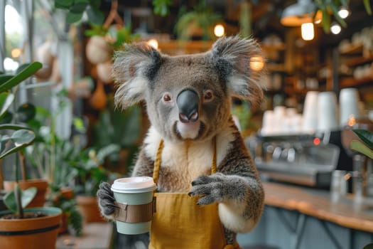 A koala wearing an apron and holding a cup of coffee. The scene is set in a coffee shop